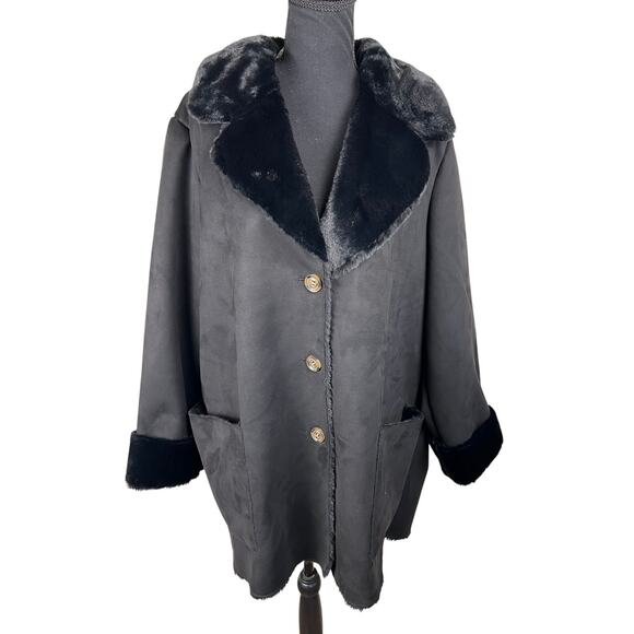QVC Dennis Basso Suede to Faux Fur Coat with Notch Collar BLACK NWOT SIZE XL - Picture 2 of 6
